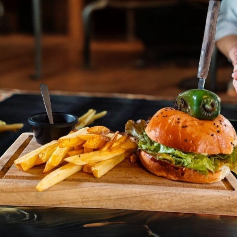 "Hamburguesa gourmet con papas fritas y pan artesanal."